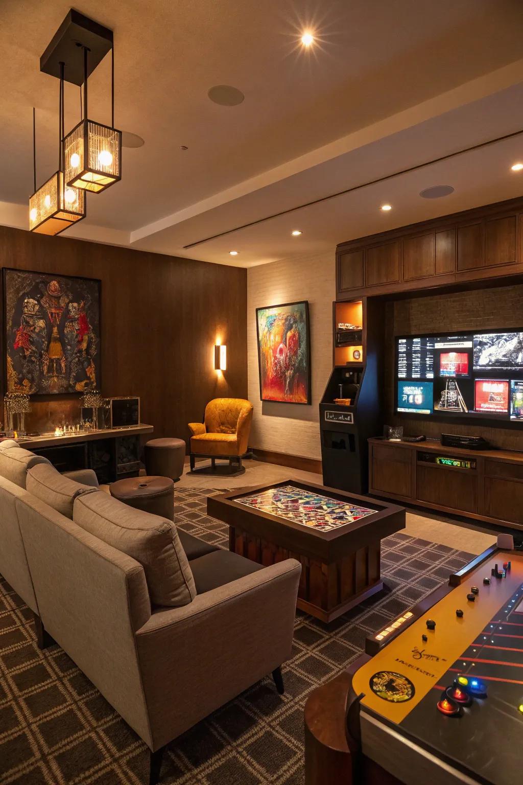 Ambient lighting establishes the mood for a relaxing game room adventure.