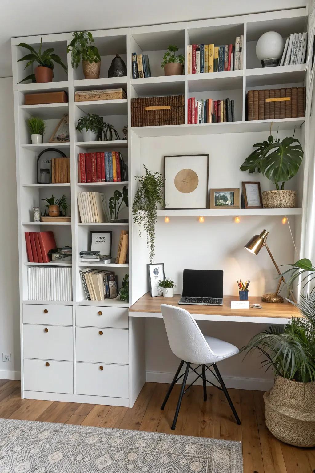Work and unwind with multi-purpose bookshelf walls.