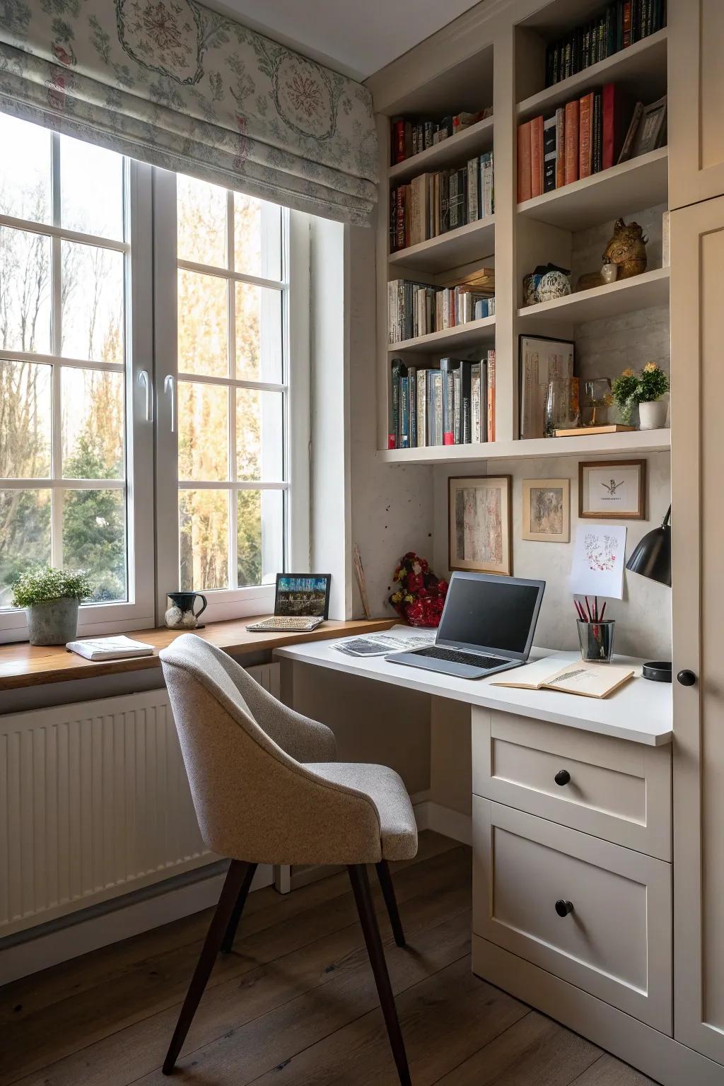 Incorporate shelving around windows in your home office for aesthetic appeal and functionality.