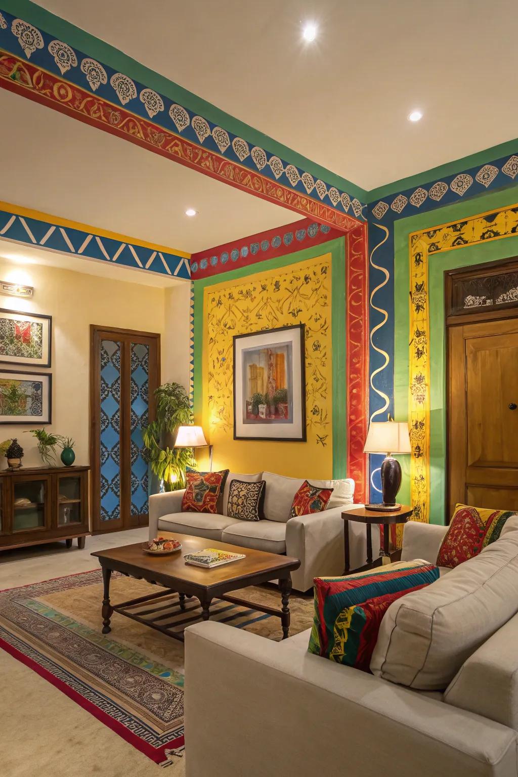 Dynamic hues within border designs create a striking declaration.