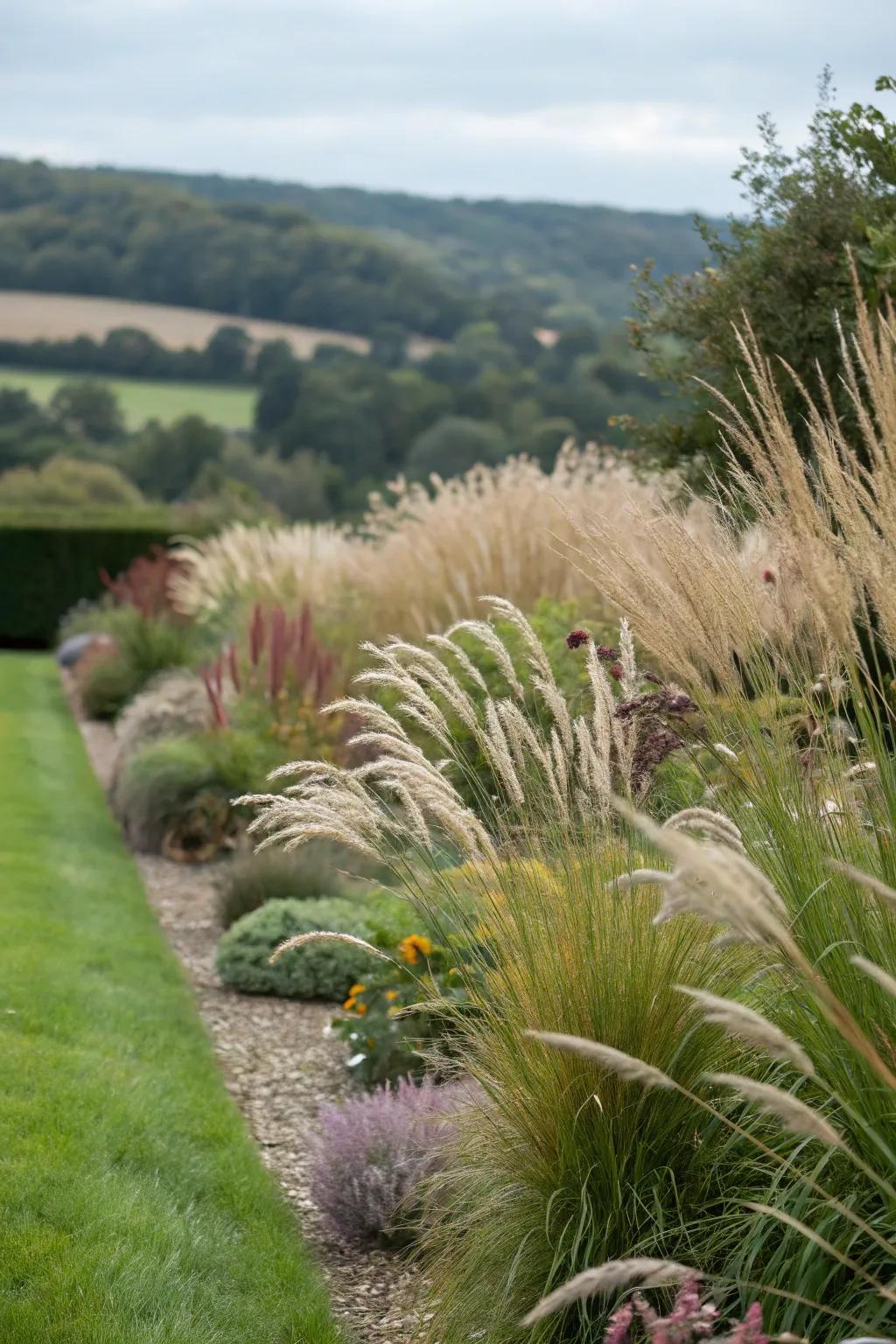 A tiered visual with varied heights of decorative grasses.