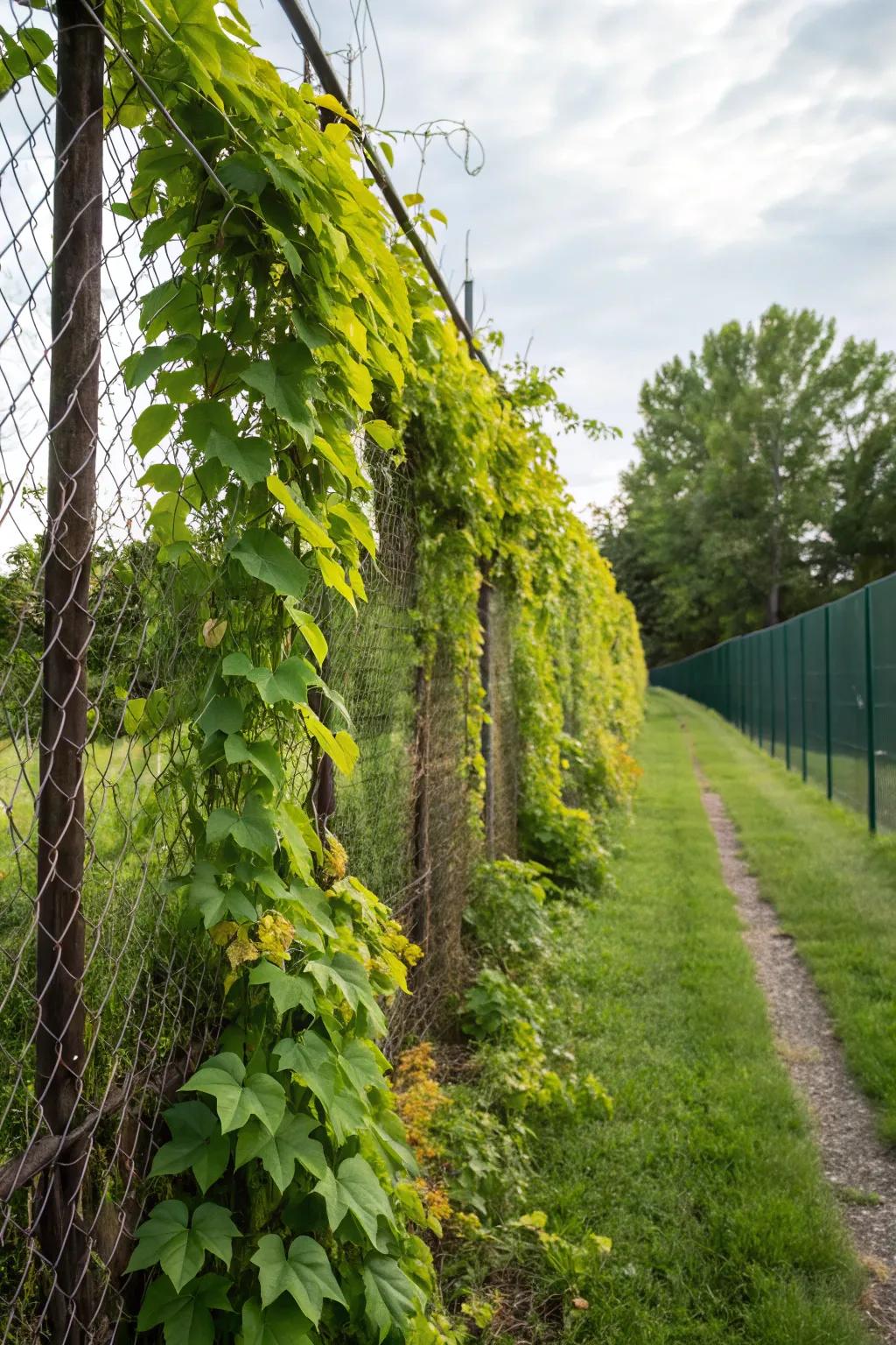 Ascending flora transforms fences into living, breathing walls.