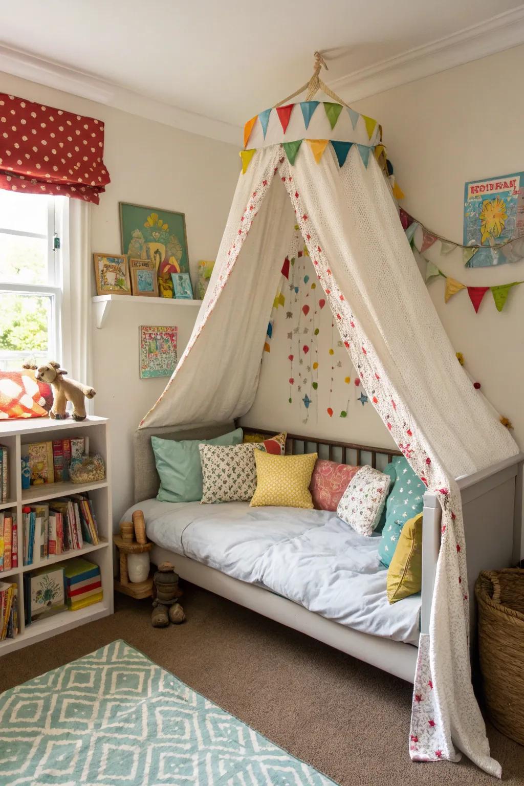 Spark creative playtime with a canopy framing the daybed.