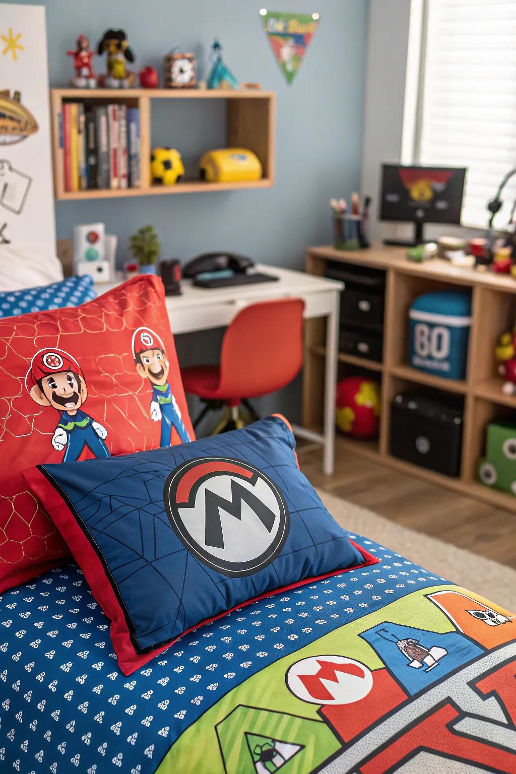 Gaming-themed bedding brings a playful feel to the space.