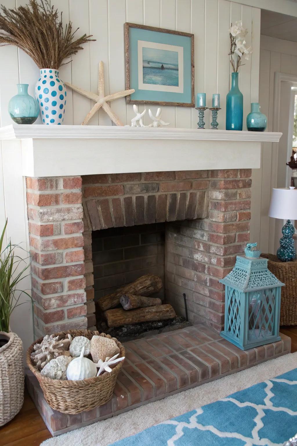 A brick hearth featuring seaside-inspired decor and light blue highlights.