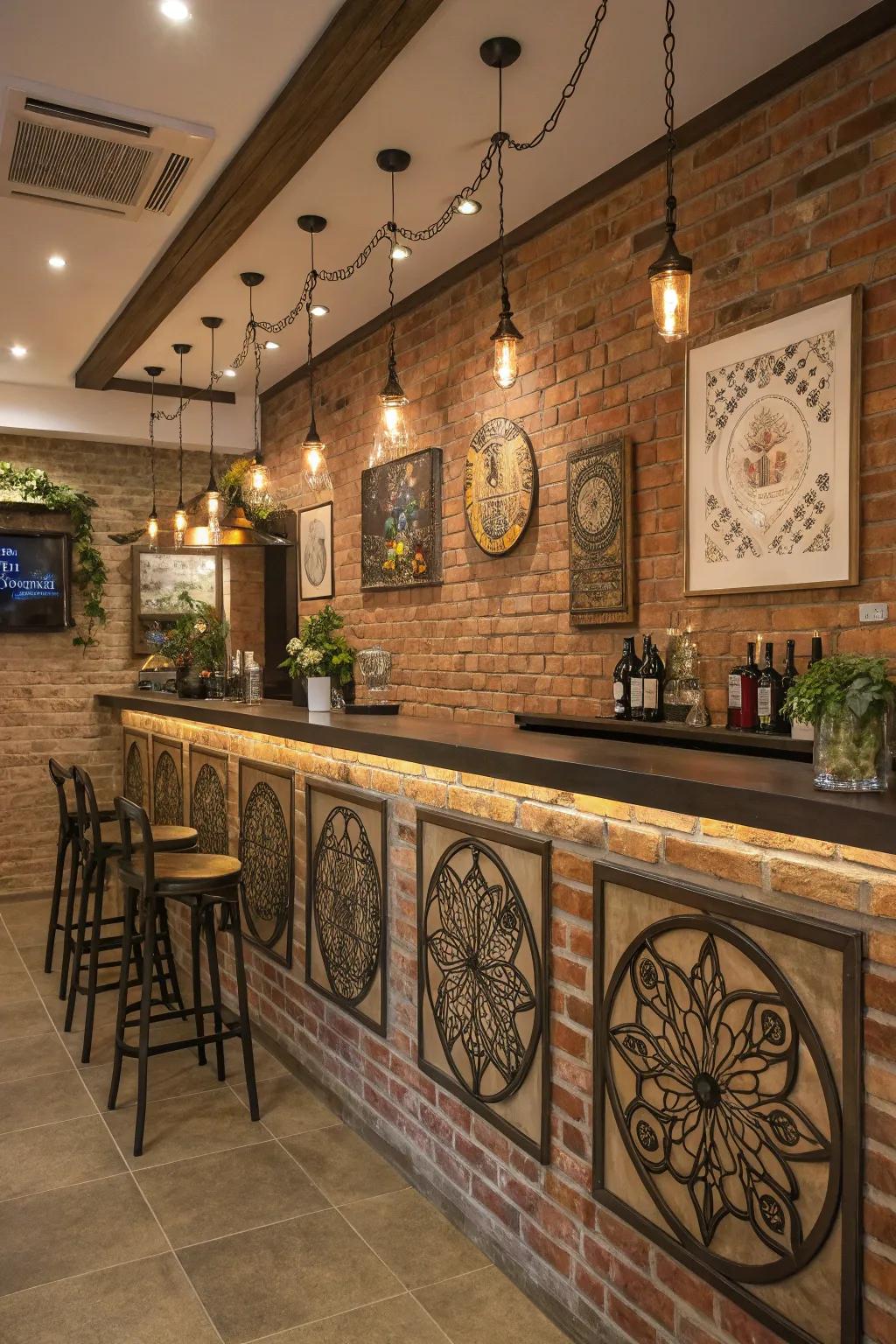 Custom wall art adds a personal touch to a brick wall bar.
