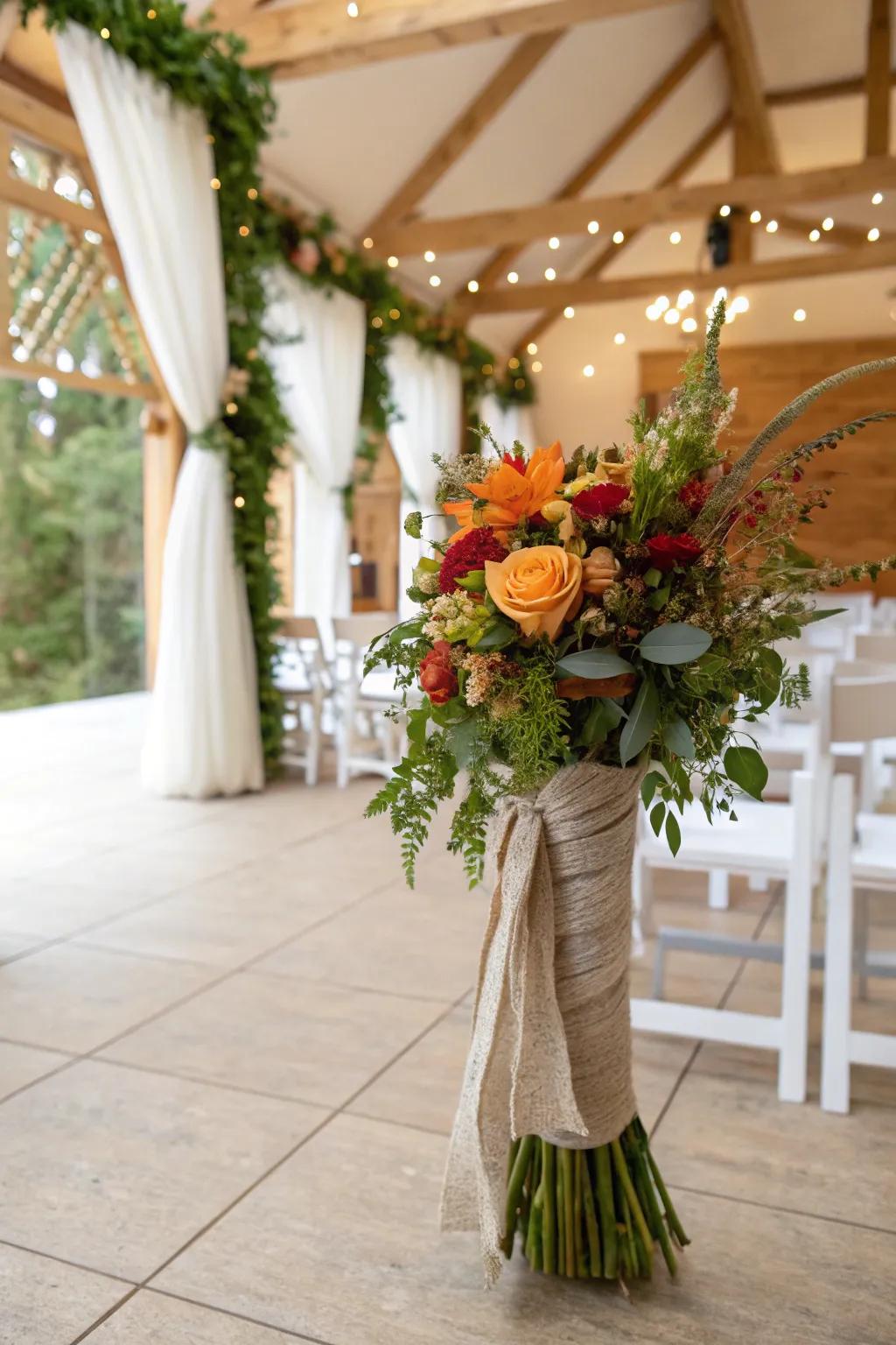 Time-related textile drapes convey a cohesive stroke to wedding flowers.