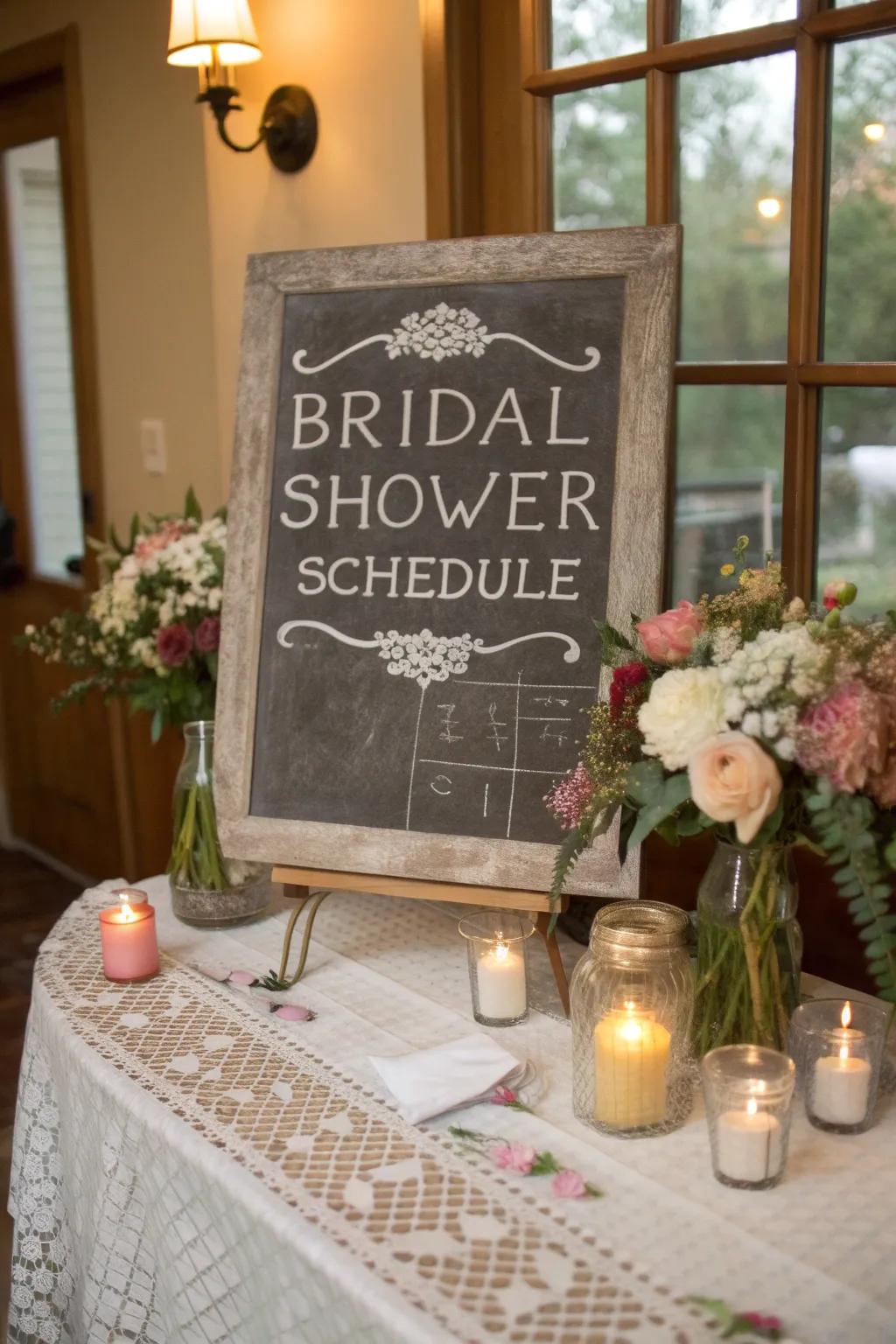 An informative chalkboard keeps guests informed and engaged during the event.