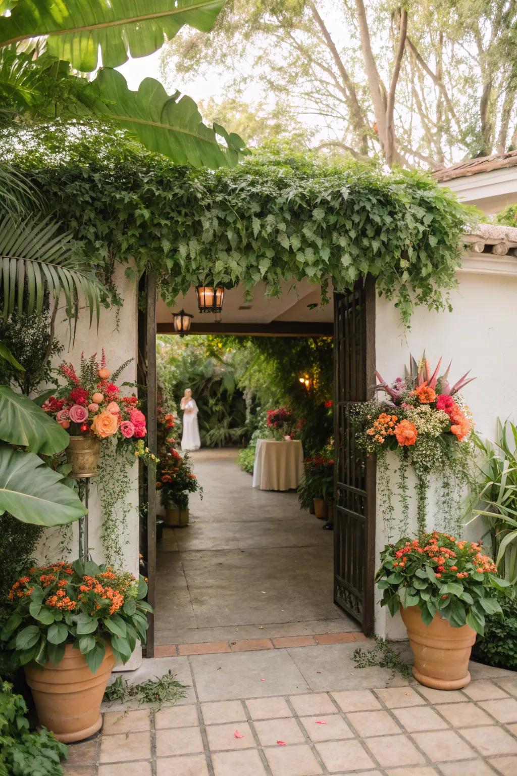 A verdant garden oasis establishes a serene and inviting atmosphere for the bridal shower.