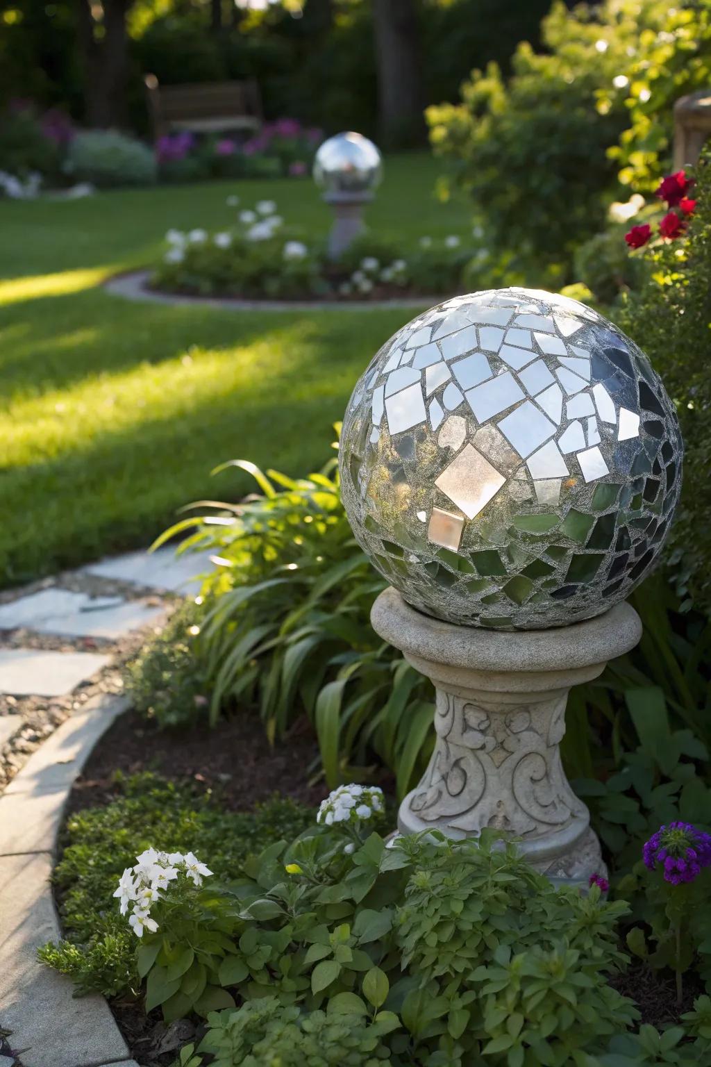 A stargazing mirror orb enhances any garden atmosphere.