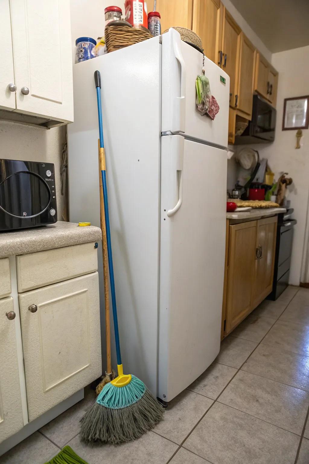 Employ concealed areas such as behind the refrigerator for storage.