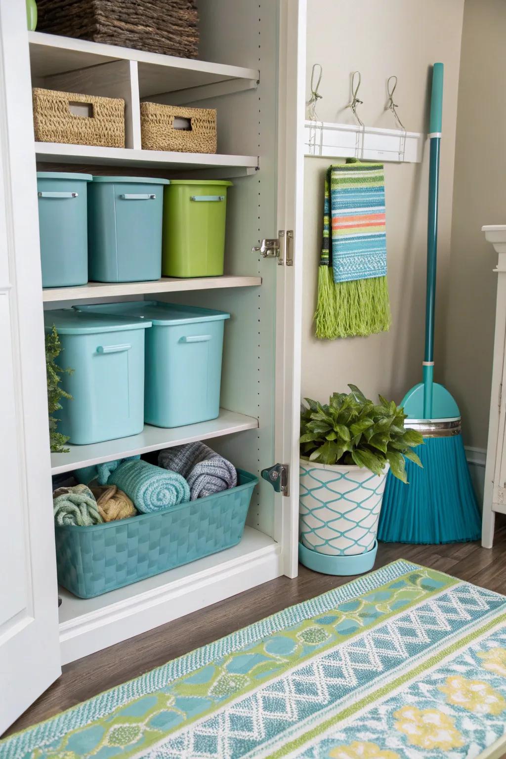 Brighten up your broom closet with colorful organizational tools.