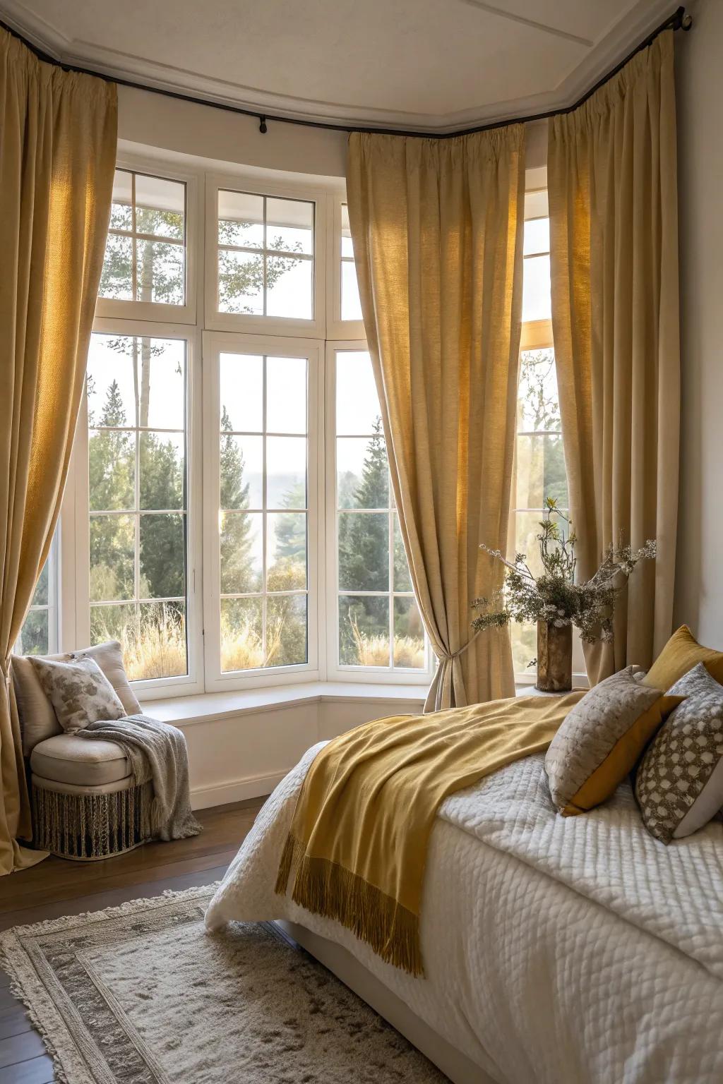 Golden window coverings include style and warmth to the space.