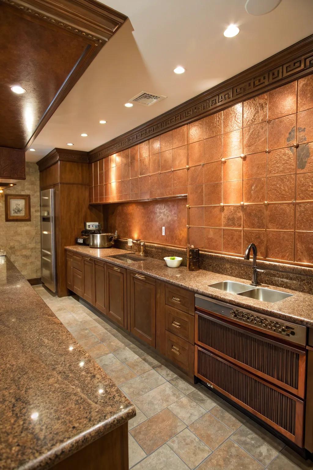 Bronze walls enhance the warm tones of brown granite.