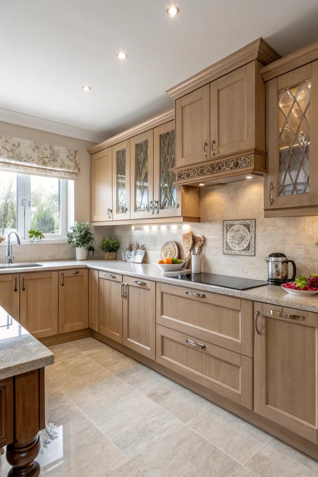 Delight in the versatility of pale brown cabinetry.