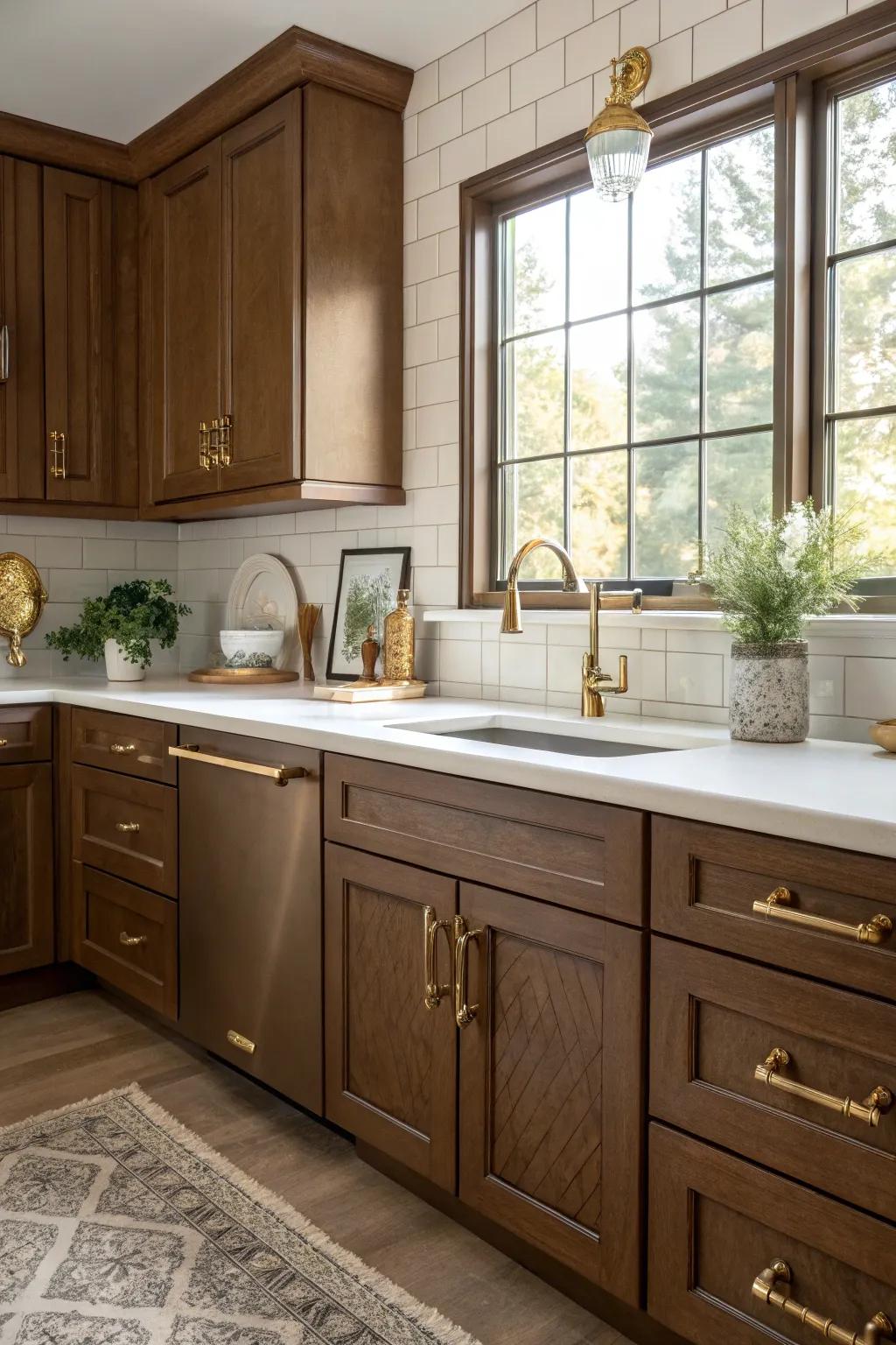 Metallic highlights bestow a trace of opulence to sienna kitchens.