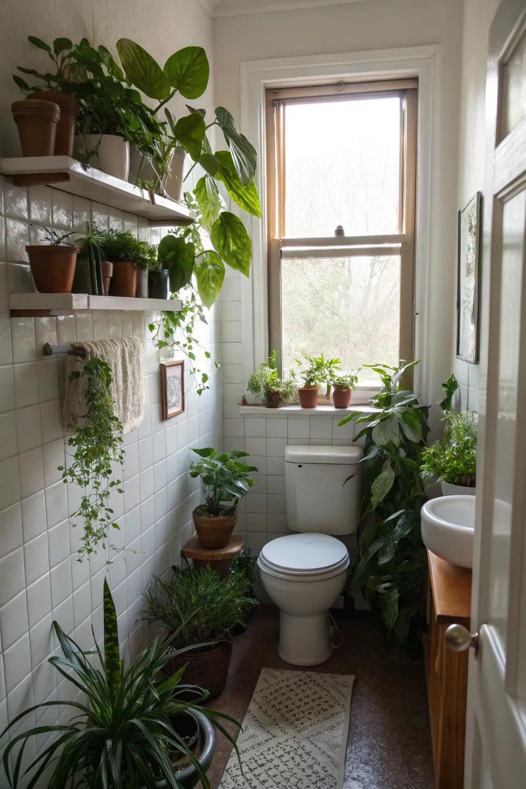 Indoor plants add a natural and fresh touch to this small bathroom.