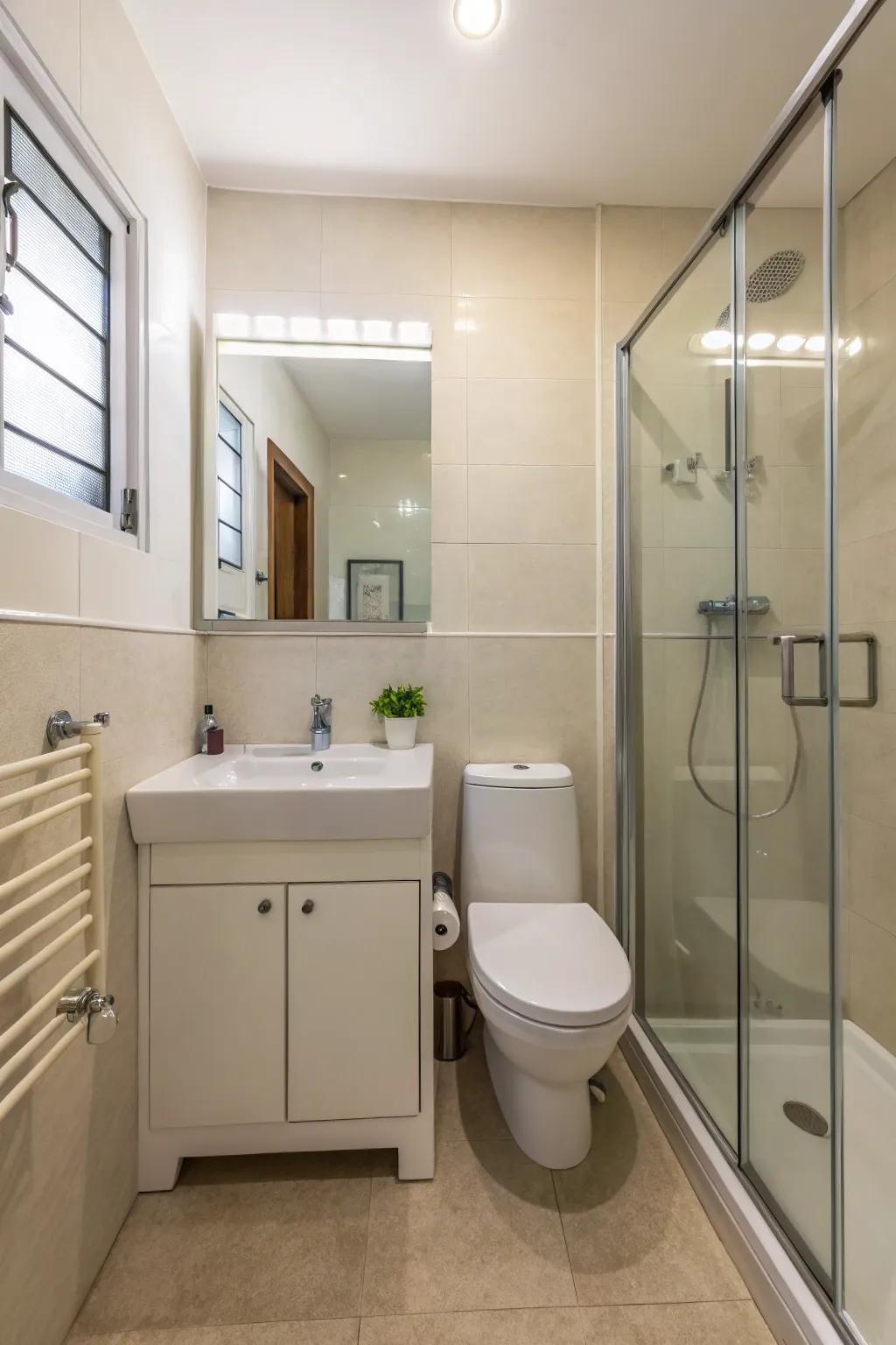 An understated design cultivates a serene and efficient bathroom environment.