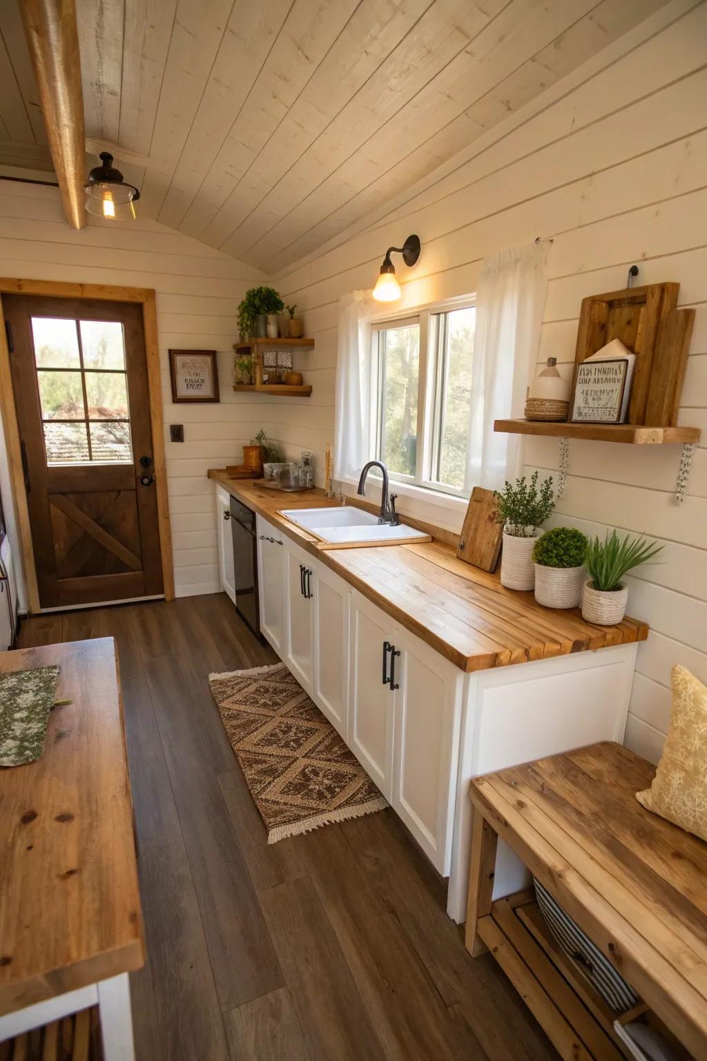 Wood details impart warmth and texture in this cooking area.