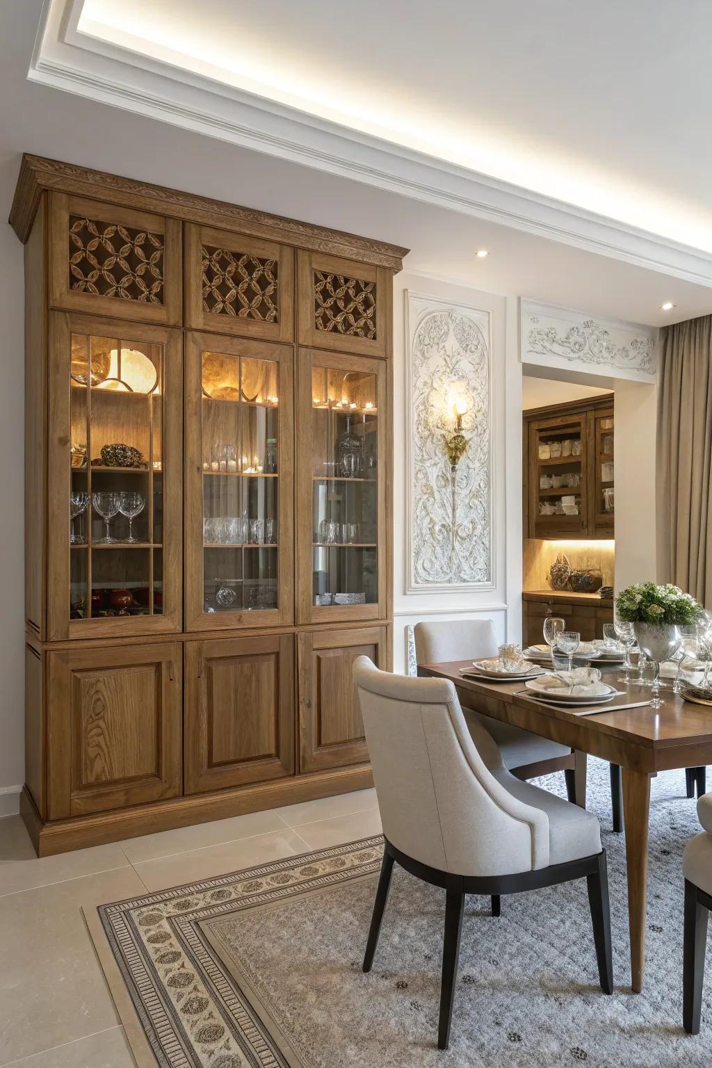 The fusion of modern and traditional design elements in dining room built-ins.