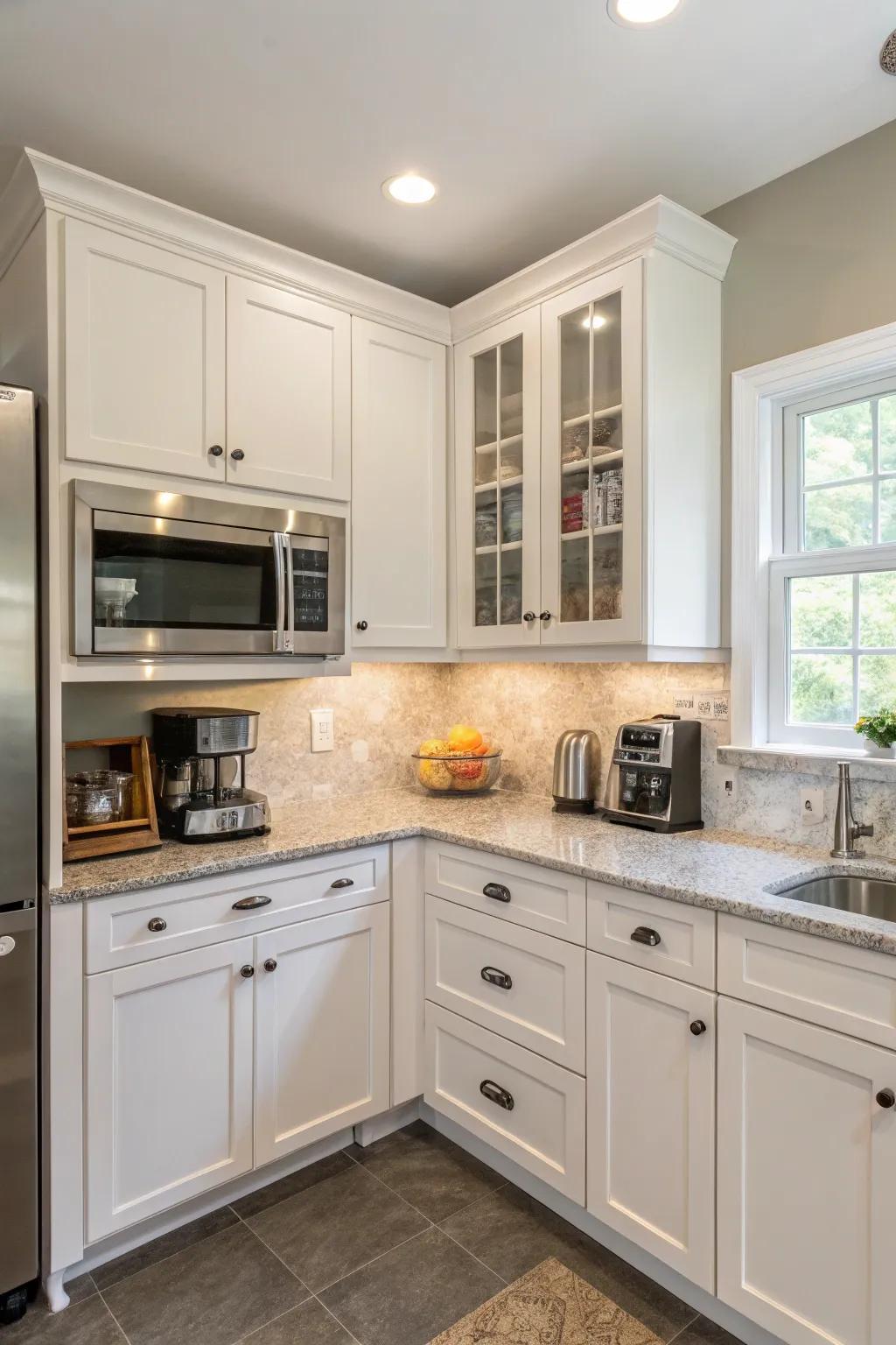 Efficient kitchen design with the microwave tucked into a corner cabinet.