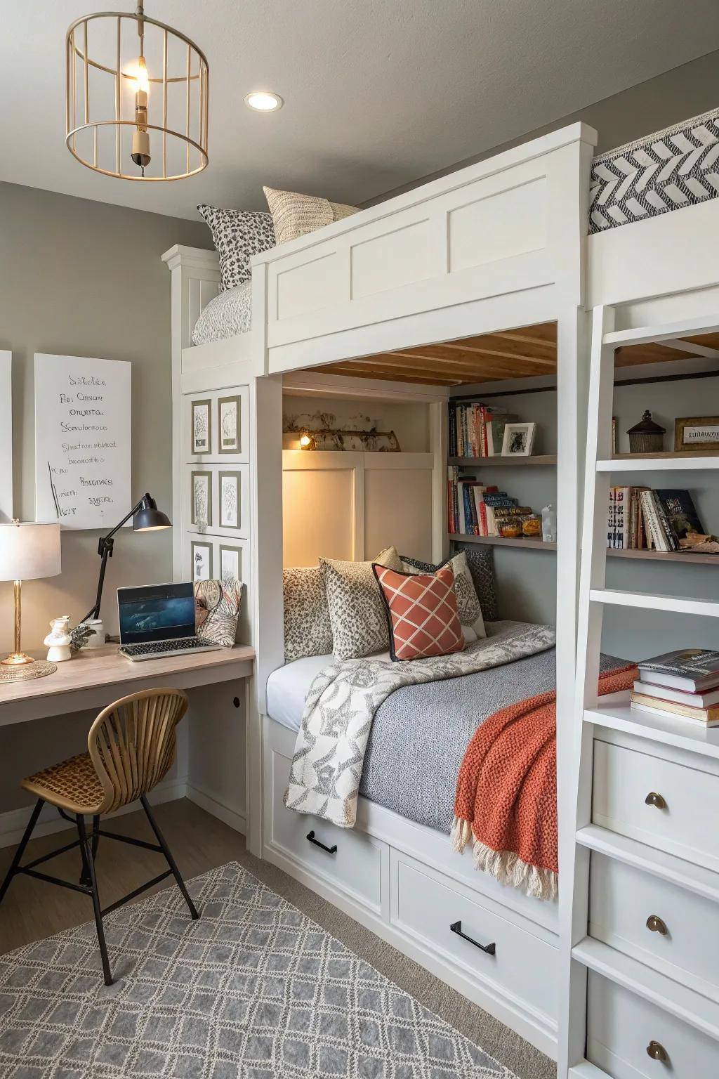 A concealed desk workspace adds functionality to built-in bunk beds.