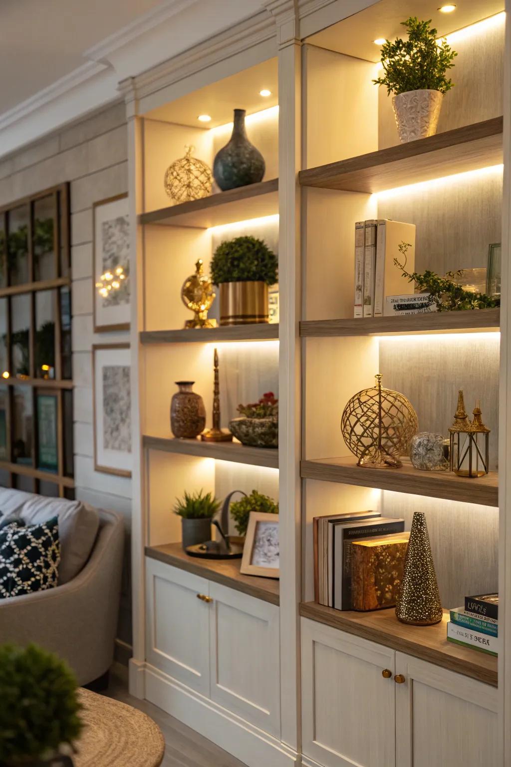 Accent lighting brings height and emphasizes special decor items.