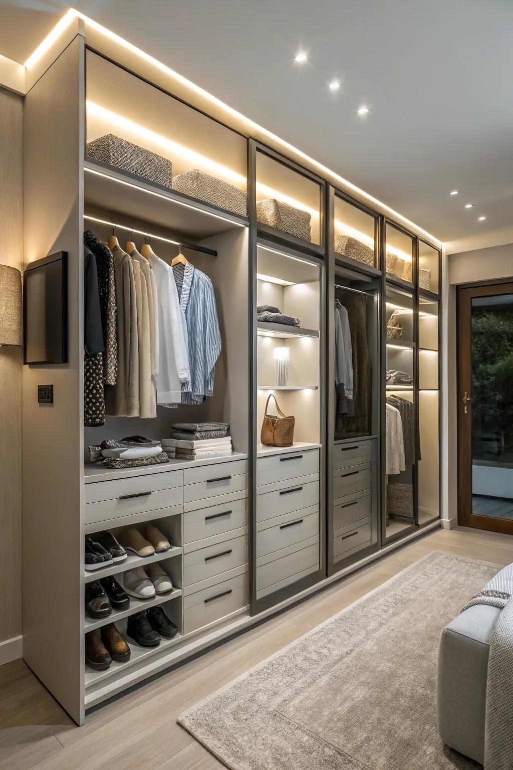 Integrated illumination enhances both the practicality and visual allure of a wardrobe.
