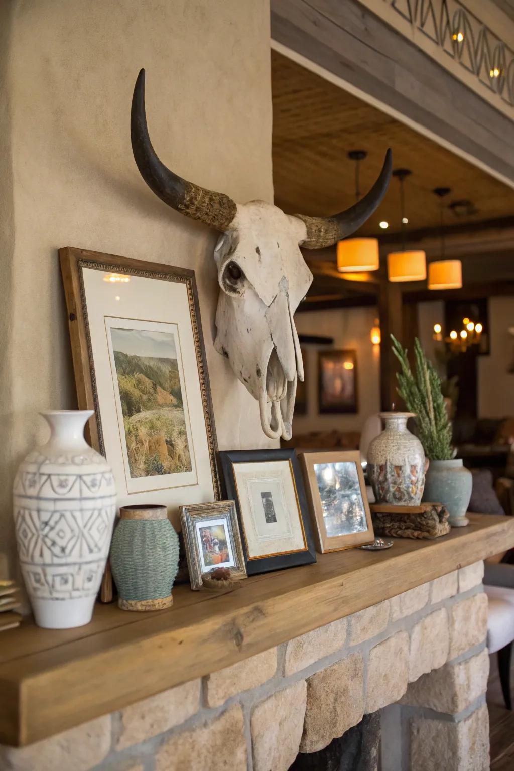 Cattle skull blended with vases and frames for a unified appearance.