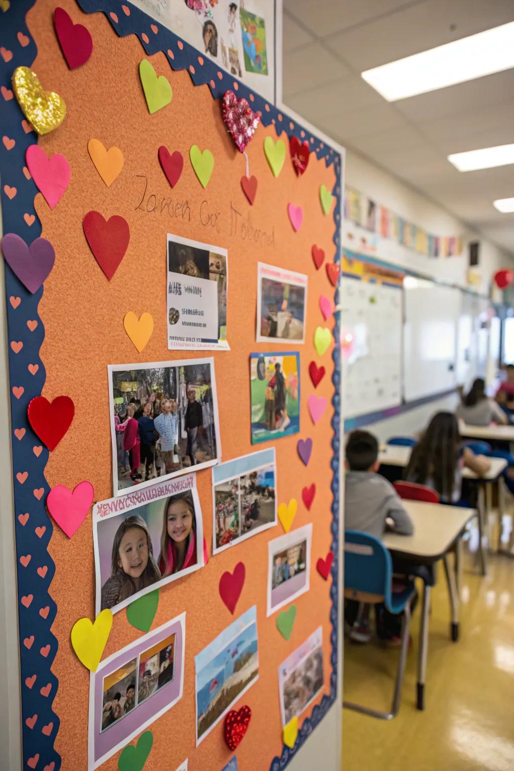 Photo booth area adorned with snapshots and heartwarming motifs.