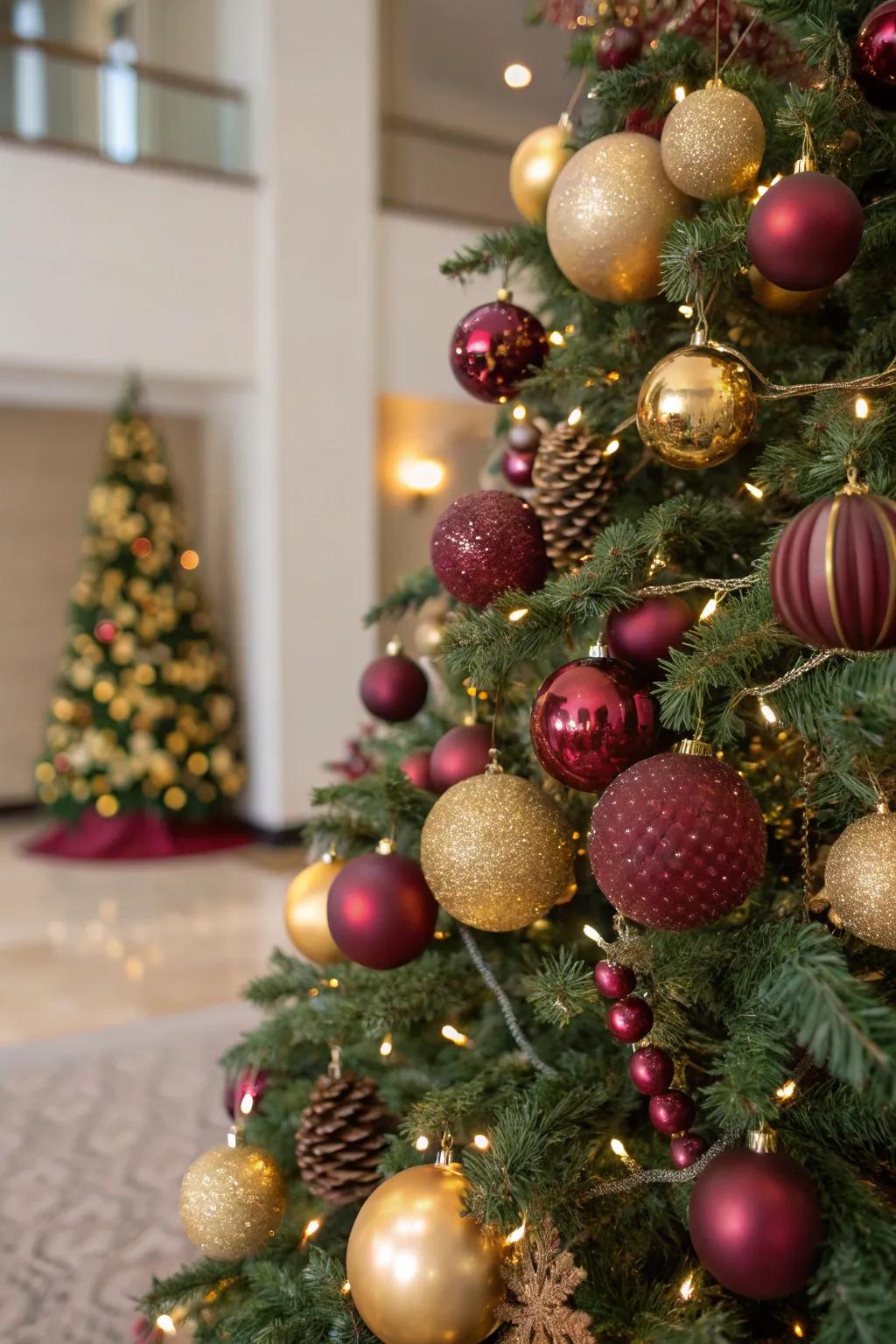 An intermix of velvety and radiant ornaments heightens the tree's grace.