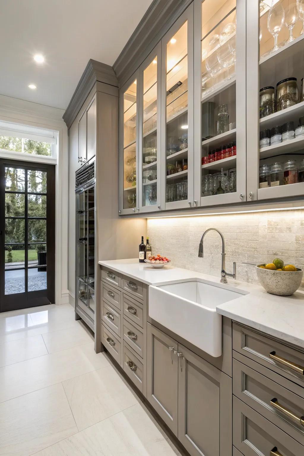 A functional butler's pantry featuring a sleek and pragmatic small cleaning basin.