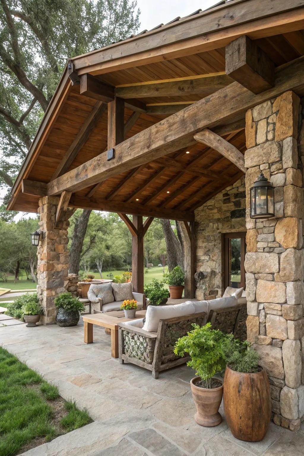 A snug rustic cabana featuring nature-inspired materials.