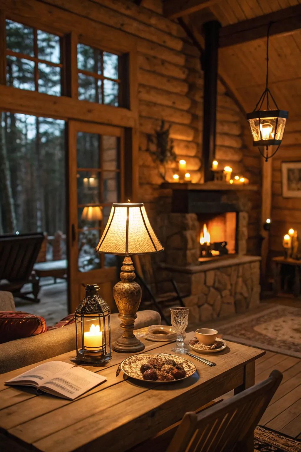 Cabin bathed in the glow of warm mood lighting