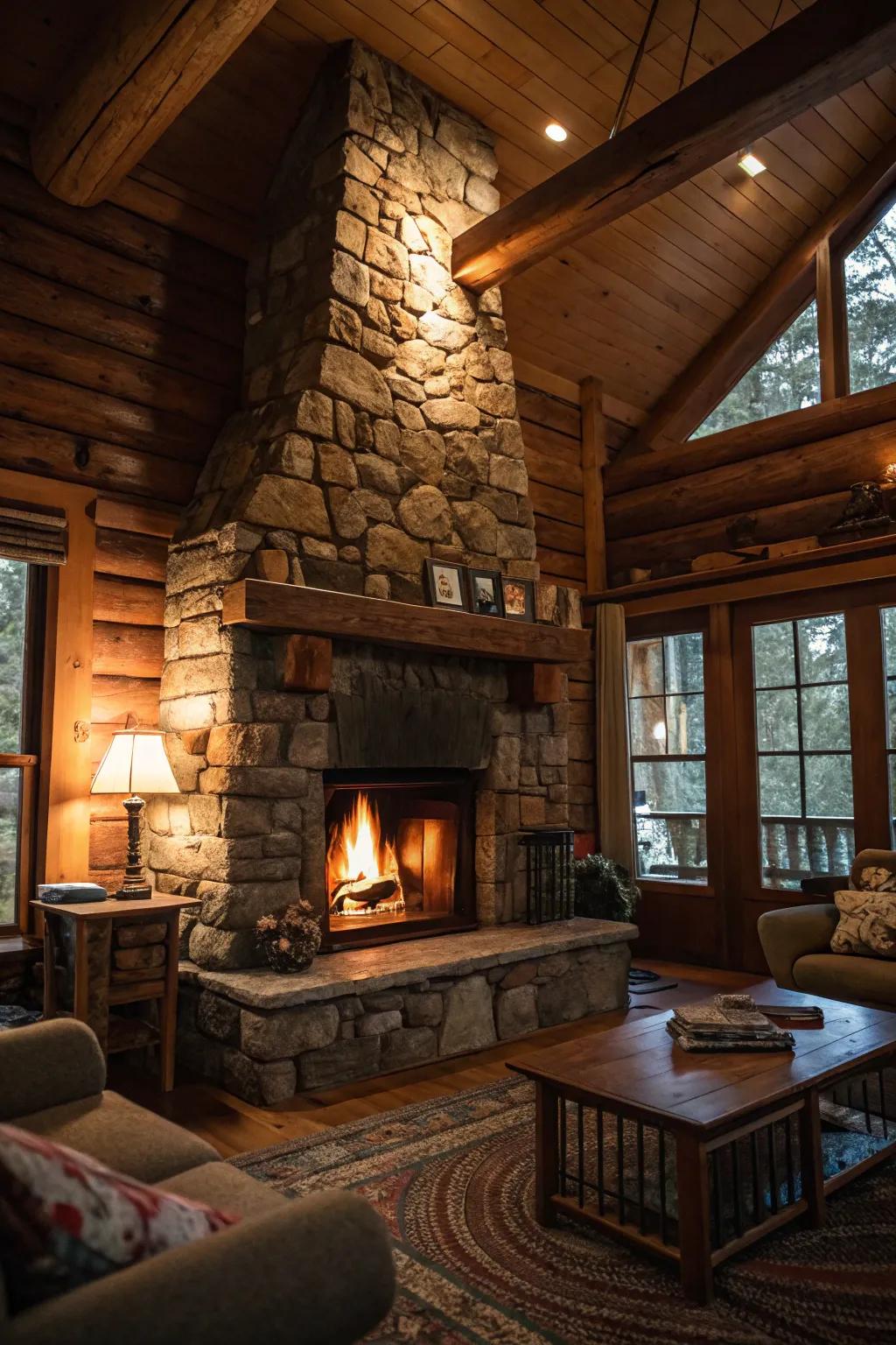 A stone hearth serves as an inviting focal point.