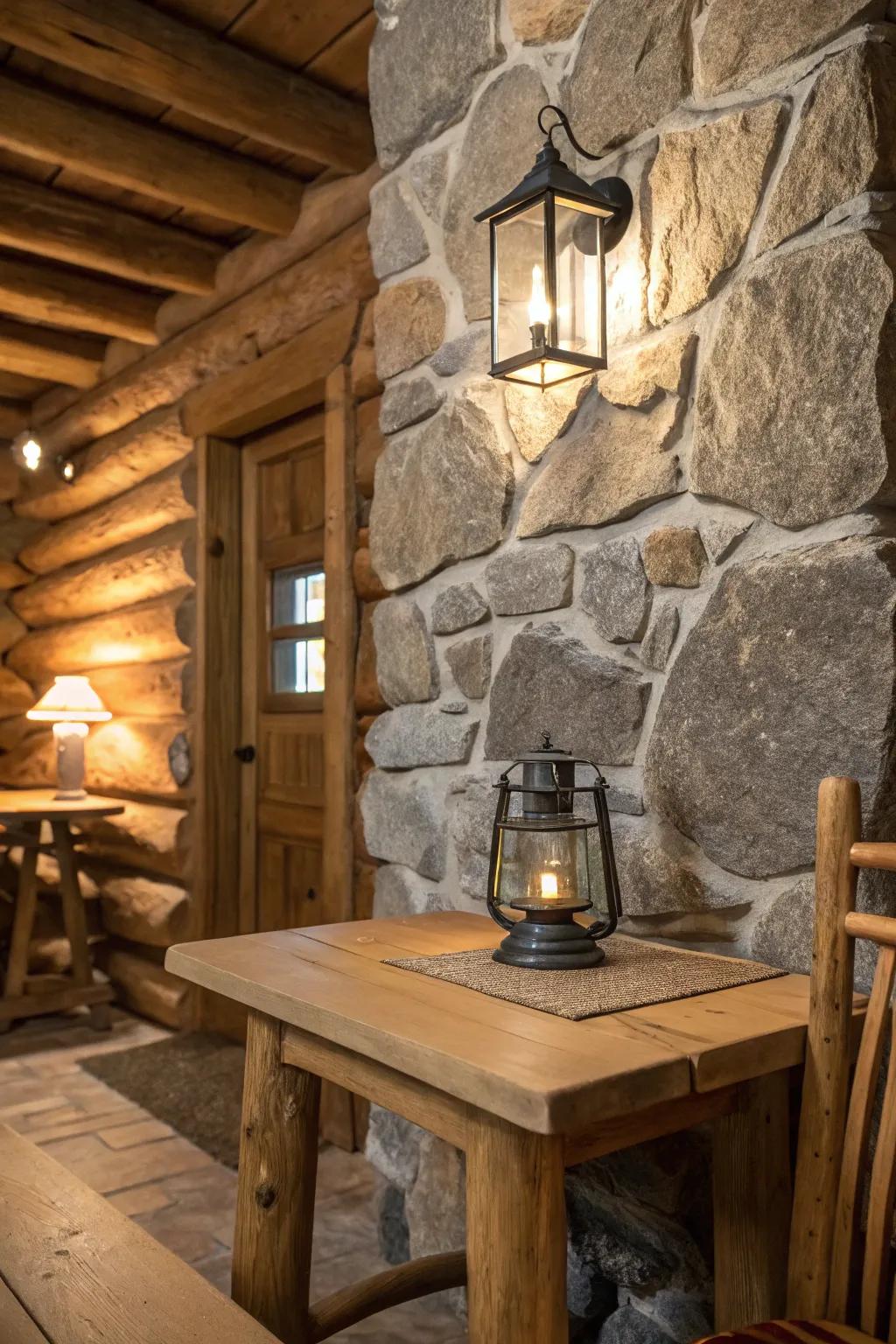 Stone accents beautifully enhance the rustic allure of the cabin.
