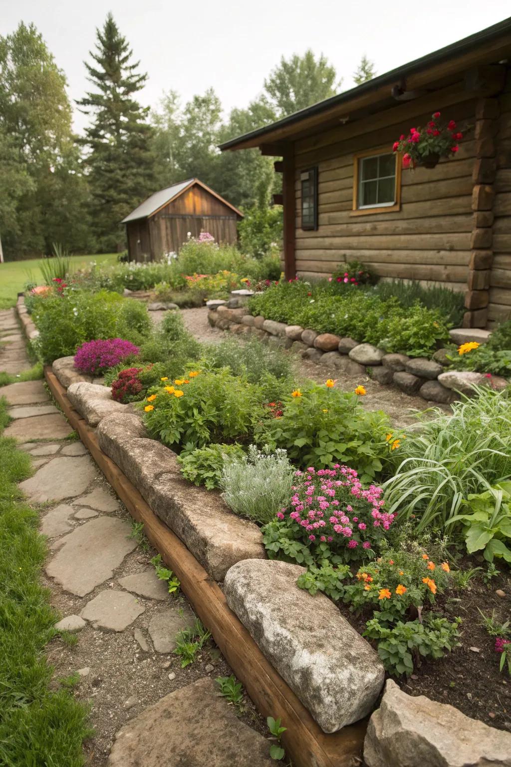 Natural stone boundaries define garden patches and contribute texture.