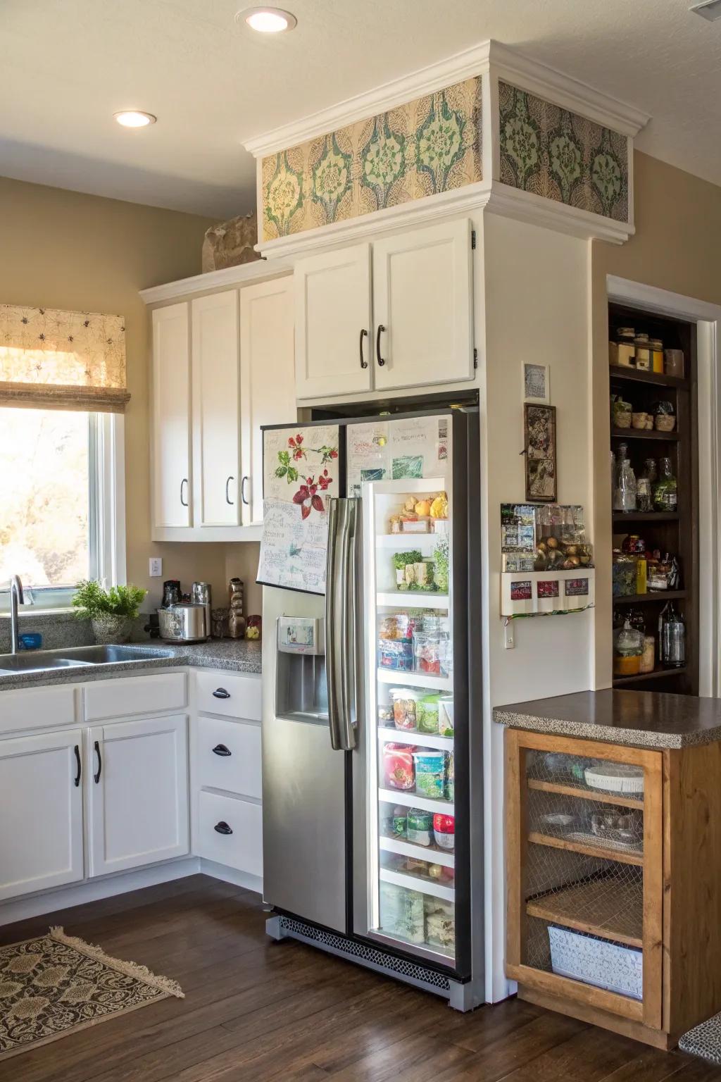 DIY cabinets above the fridge can showcase personal style and creativity.