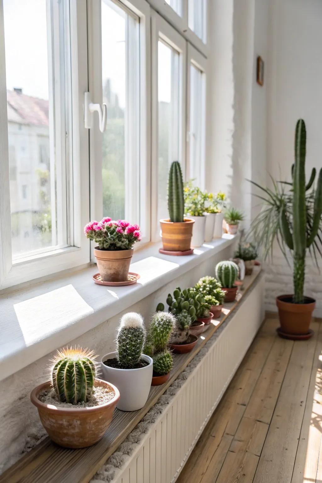 A sunny sill enhanced with a miniature cactus display.