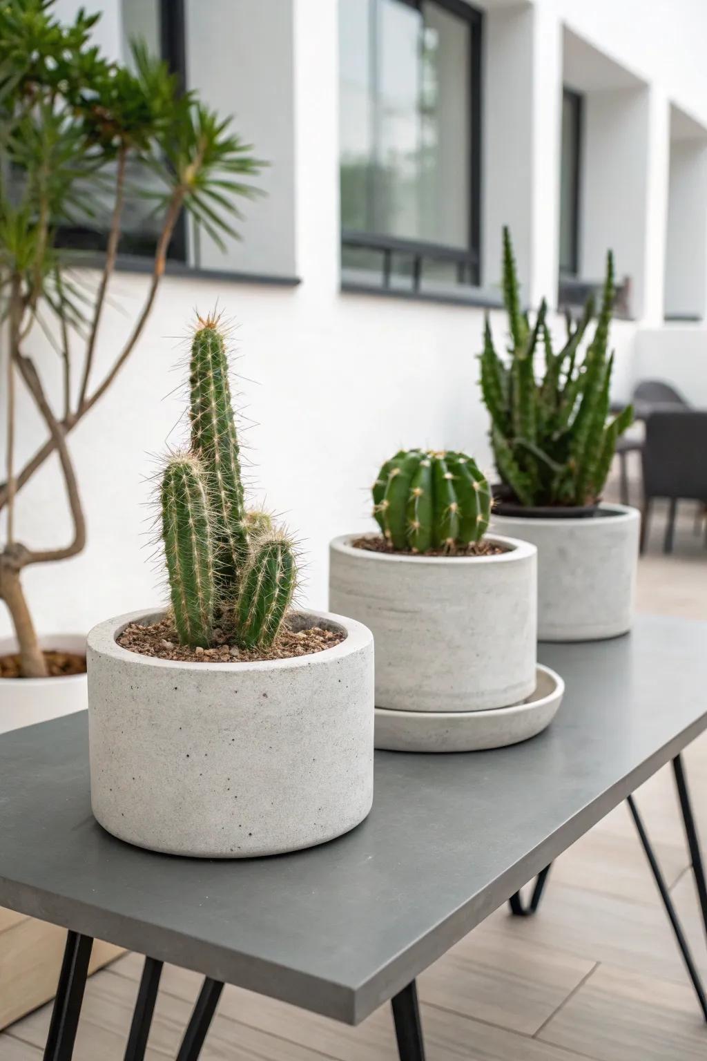 Cement abodes deliver a modern, simple appearance for your cacti.