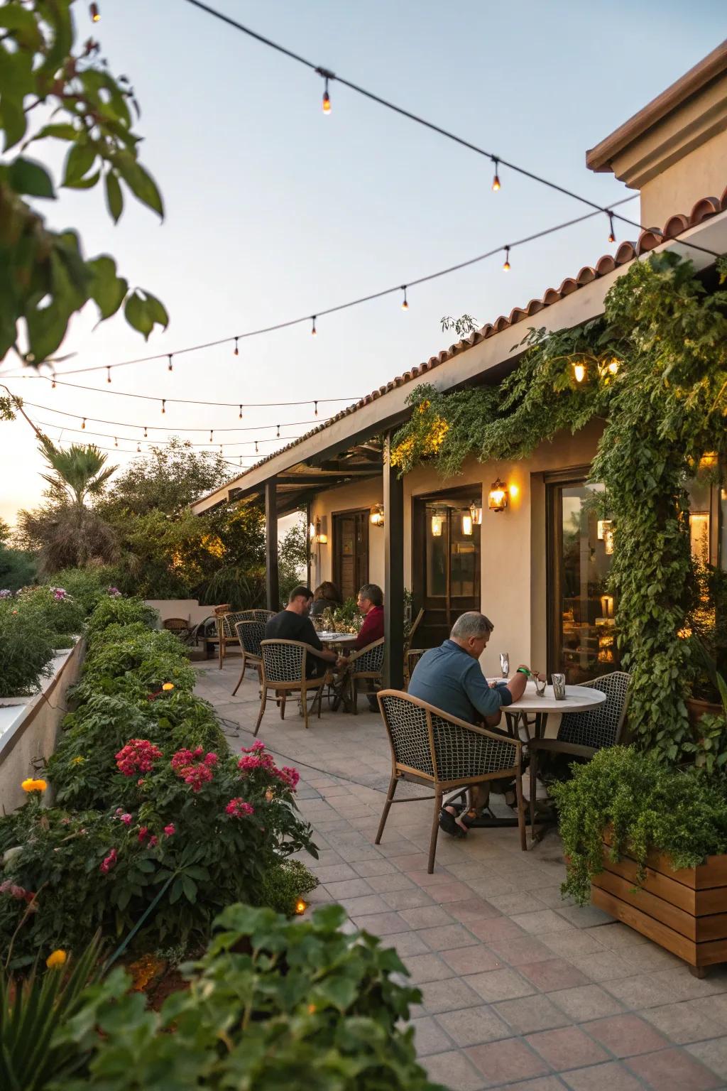 Exterior seating extends a rejuvenating open-air cafe venture.