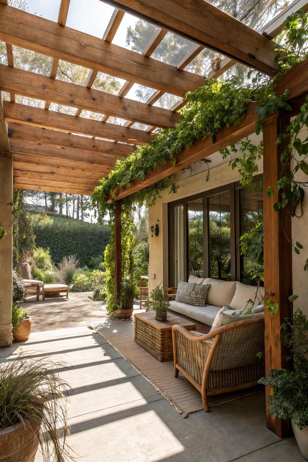 A wooden pergola provides shade in a California room.