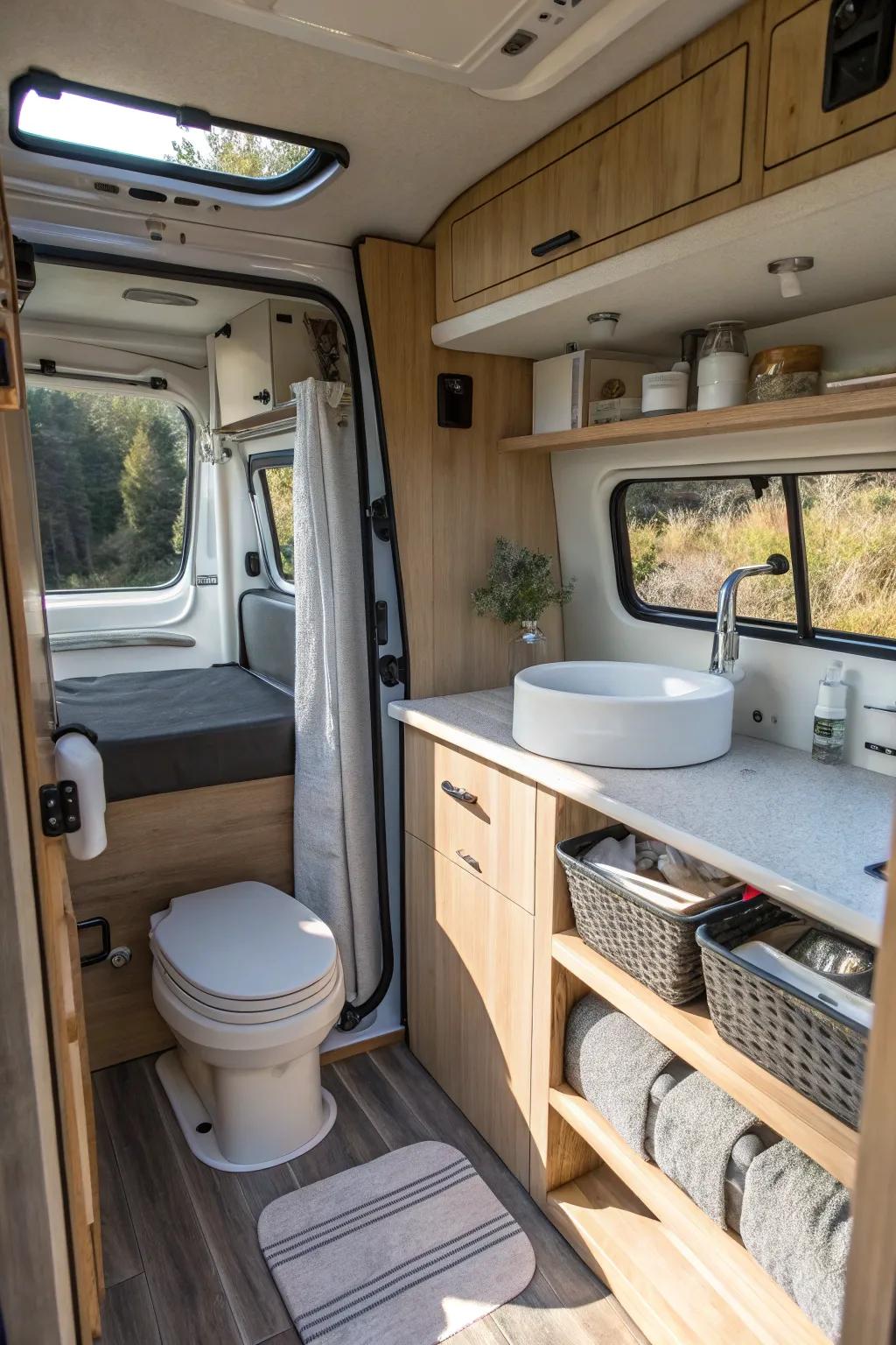 A multifunctional camper van bathroom space that doubles as seating and storage.