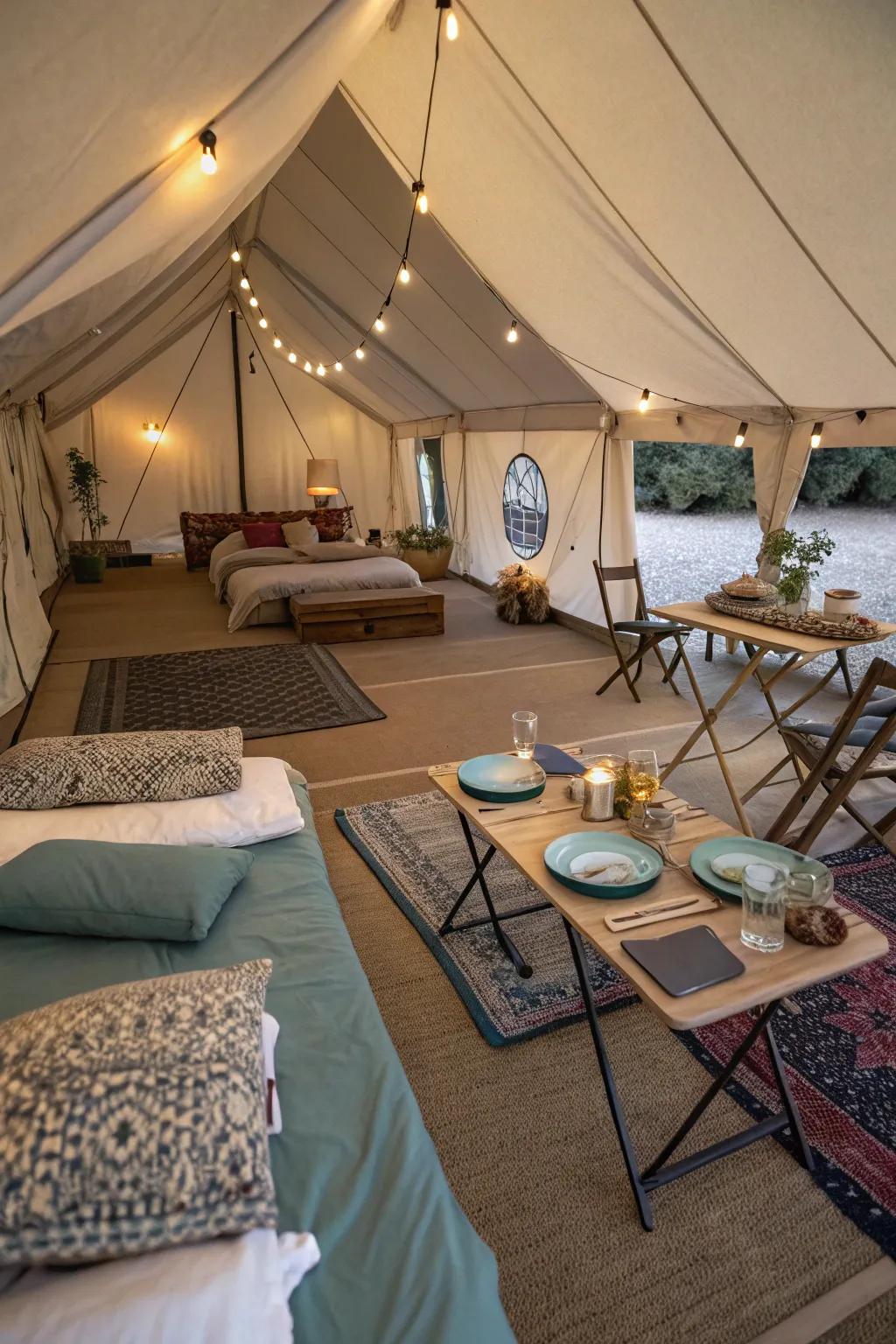 Design multifunctional spaces to maximize your tent interior.