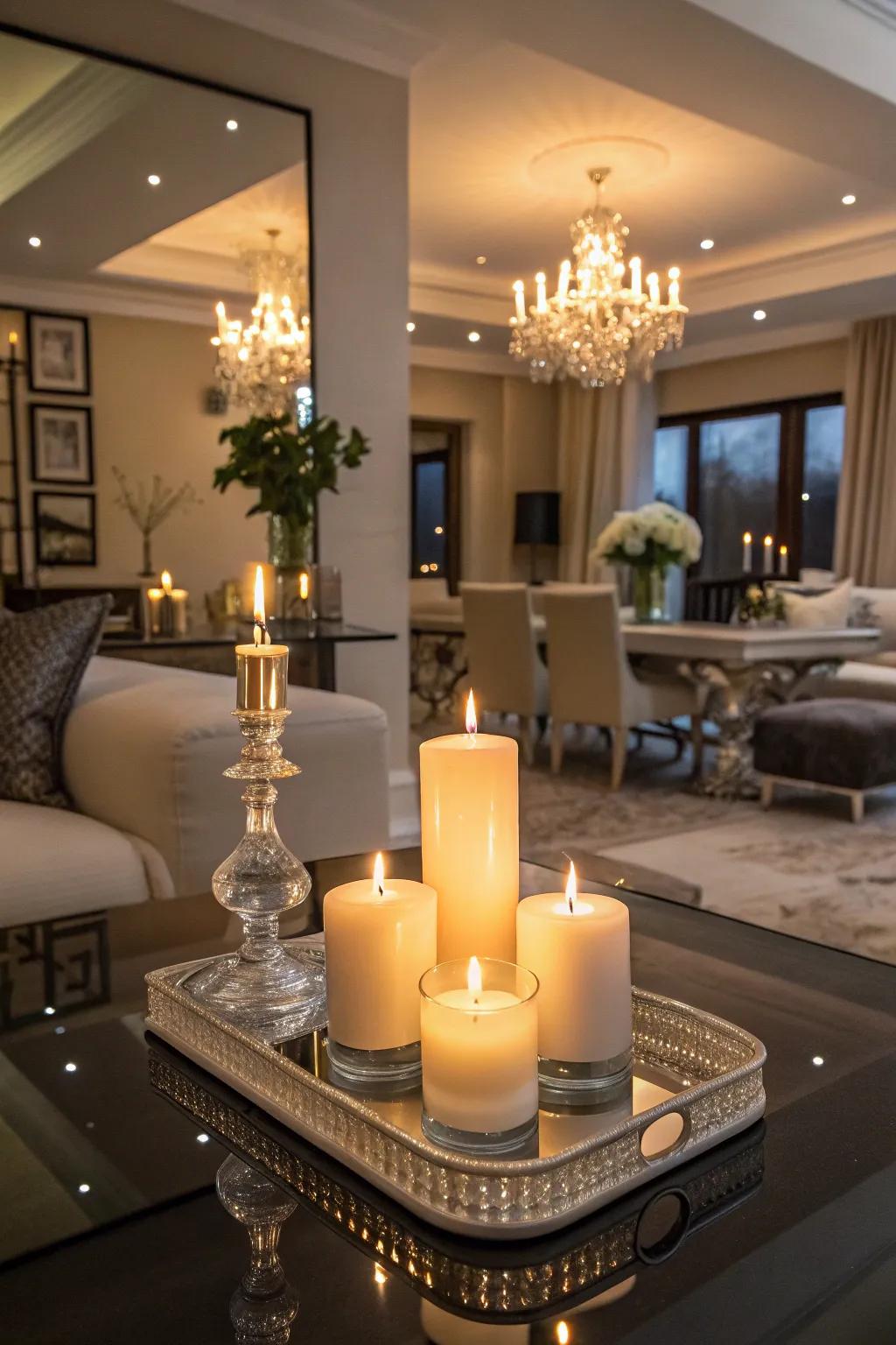 An enchanting light effect is created through placing mirrors beneath lights.