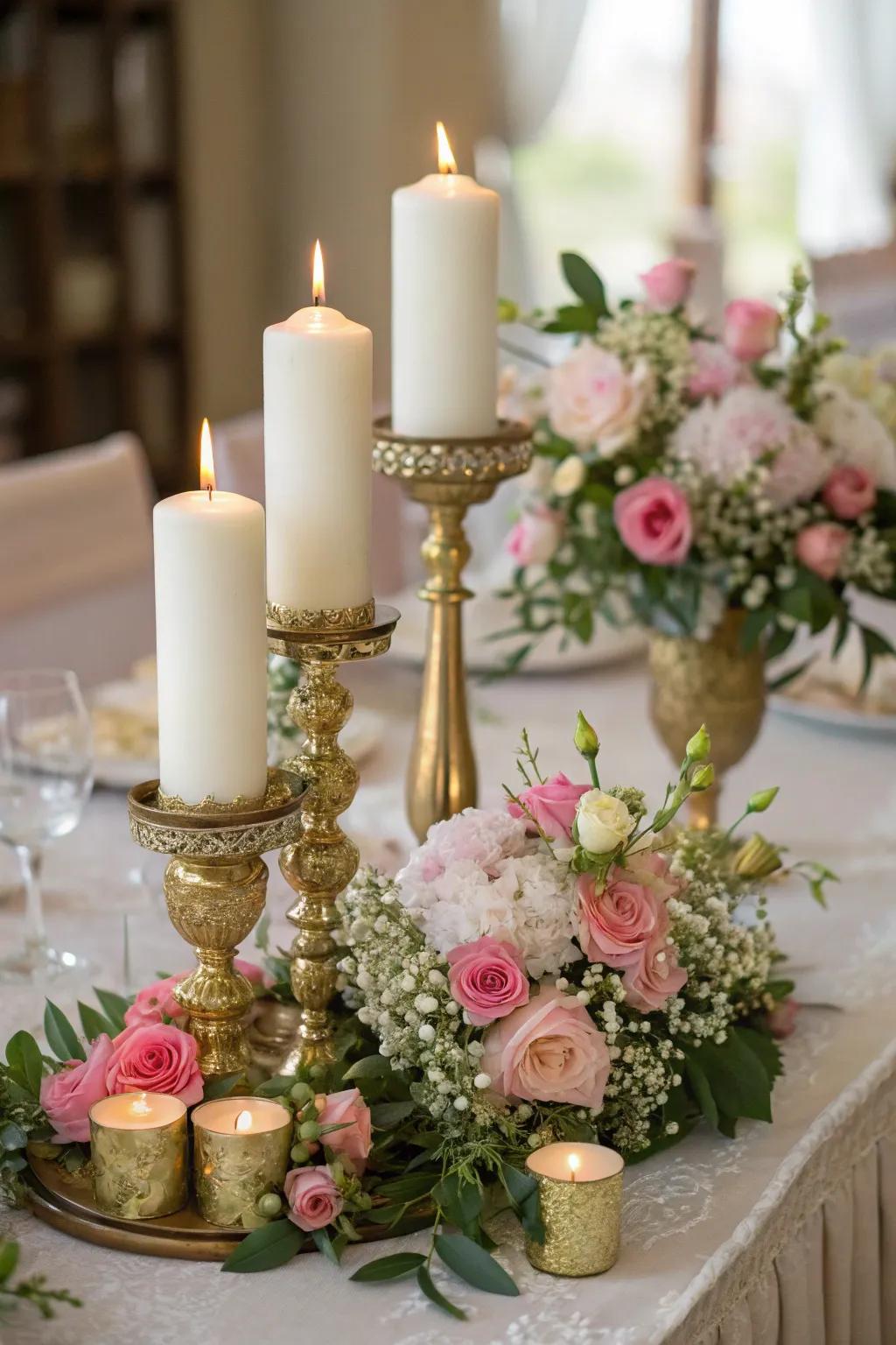 Impressive table centerpiece featuring candles and gilded highlights.