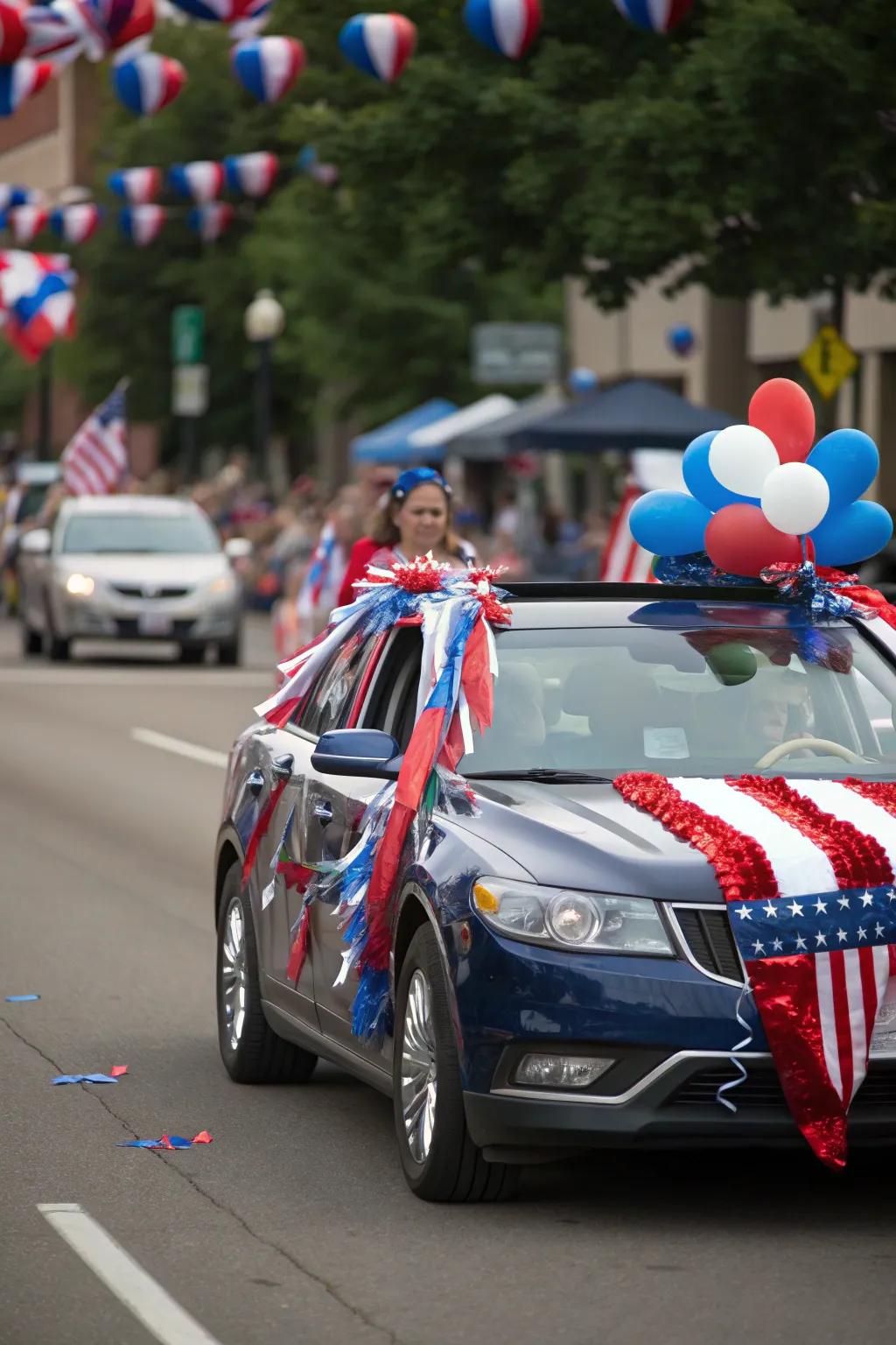 A car proudly displaying national pride with vibrant flag ornaments.