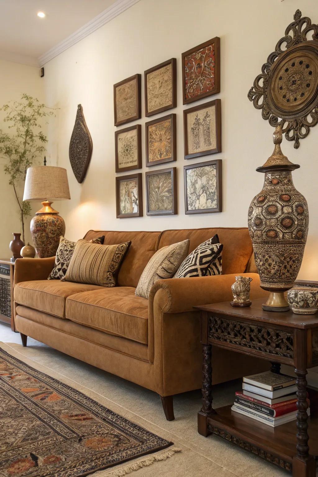 Ornamentation personalizes a honey-toned sofa arrangement.
