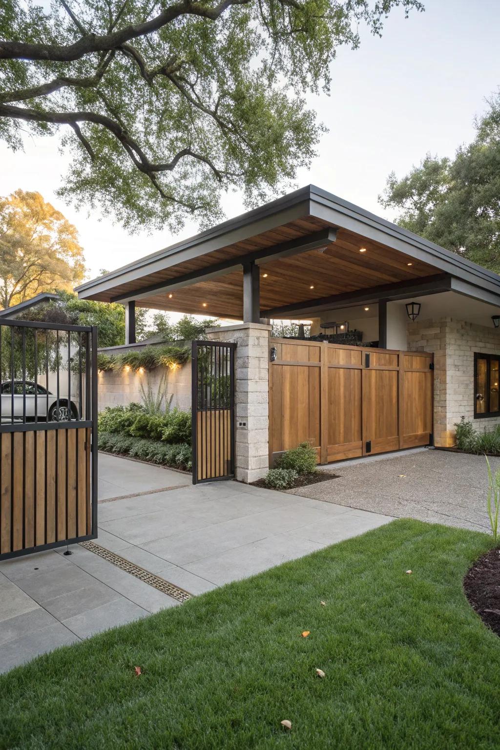 A carport featuring privacy fence entrances, smoothly incorporated into the home’s architecture.