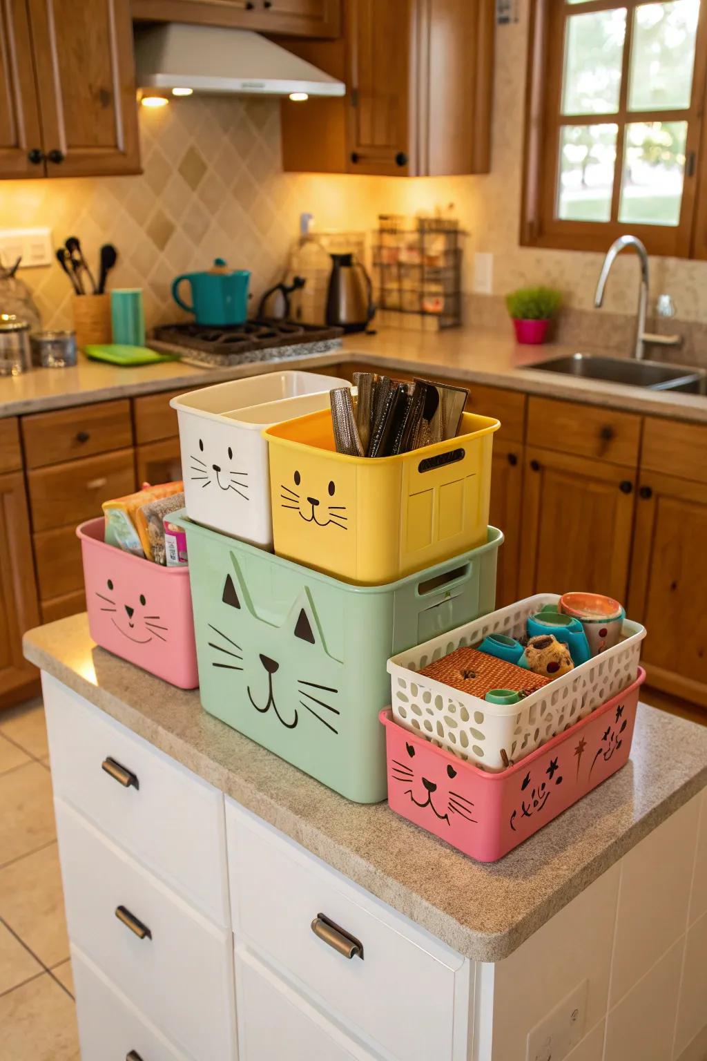 Animal-themed decor injecting persona into storage solutions.